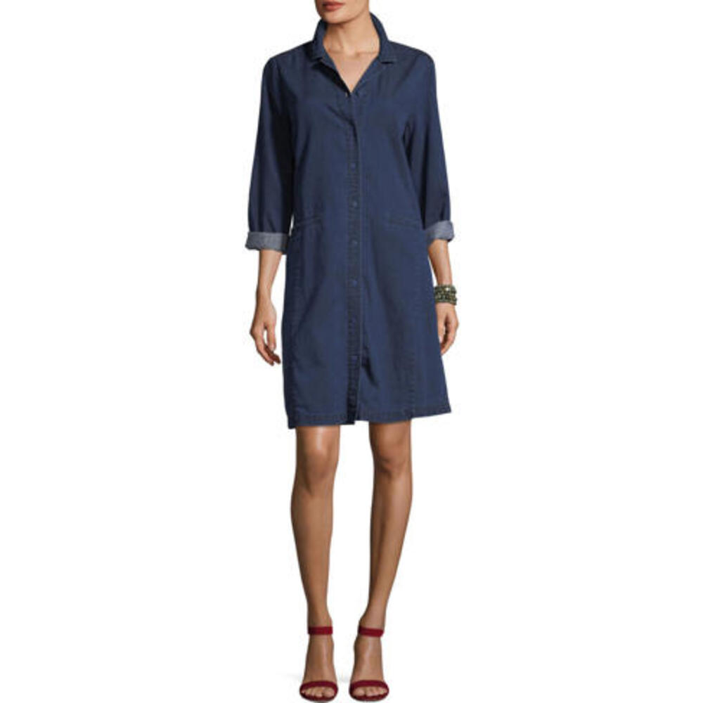 Eileen Fisher Dark Wash Chambray Denim Button Up Mini Shirt Dress- Size Medium - Picture 3 of 9
